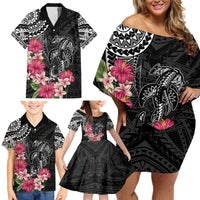Black Polynesian Hammerhead Shark Tribal Pattern Family Matching Off Shoulder Short Dress and Hawaiian Shirt LT05 - Polynesian Pride