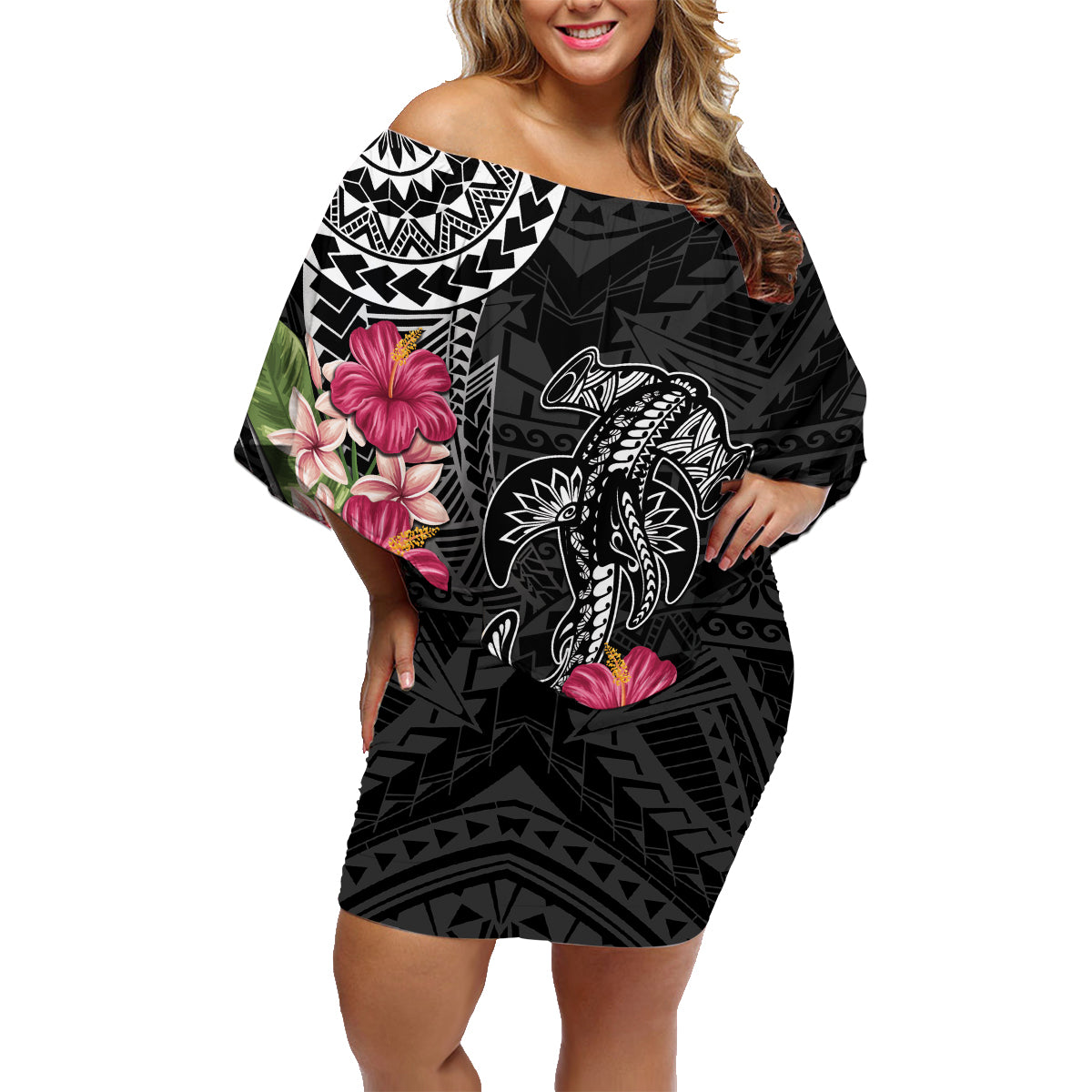 Black Polynesian Hammerhead Shark Tribal Pattern Family Matching Off Shoulder Short Dress and Hawaiian Shirt LT05 Mom's Dress Black - Polynesian Pride