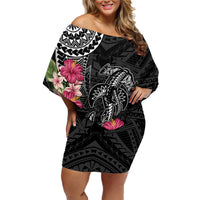 Black Polynesian Hammerhead Shark Tribal Pattern Family Matching Off Shoulder Short Dress and Hawaiian Shirt LT05 Mom's Dress Black - Polynesian Pride