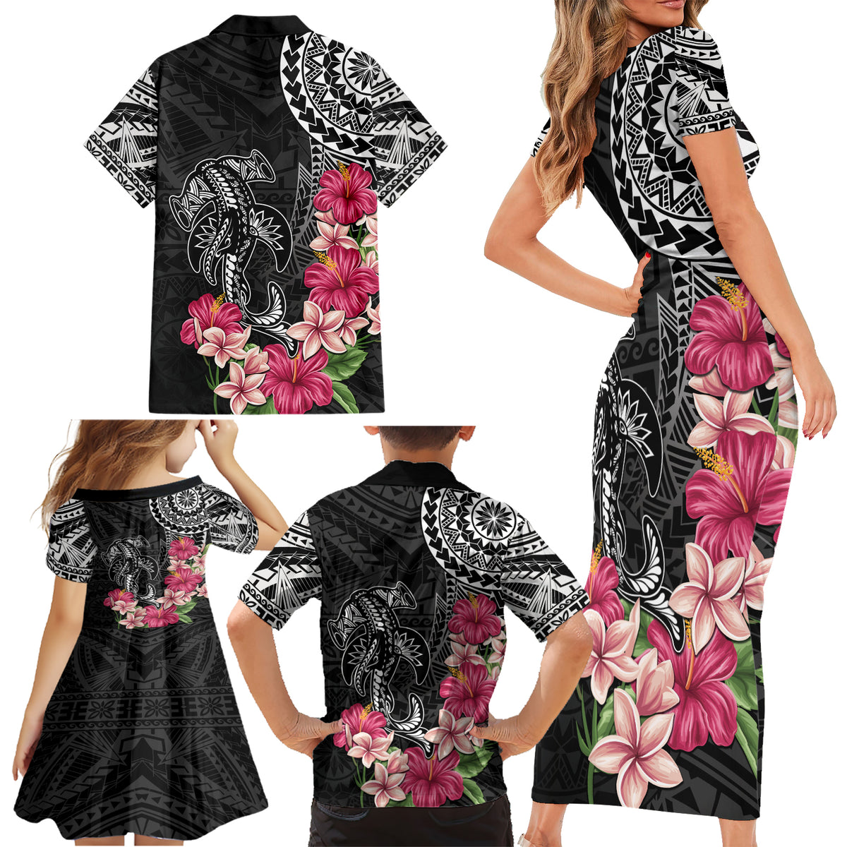 Black Polynesian Hammerhead Shark Tribal Pattern Family Matching Short Sleeve Bodycon Dress and Hawaiian Shirt LT05 - Polynesian Pride