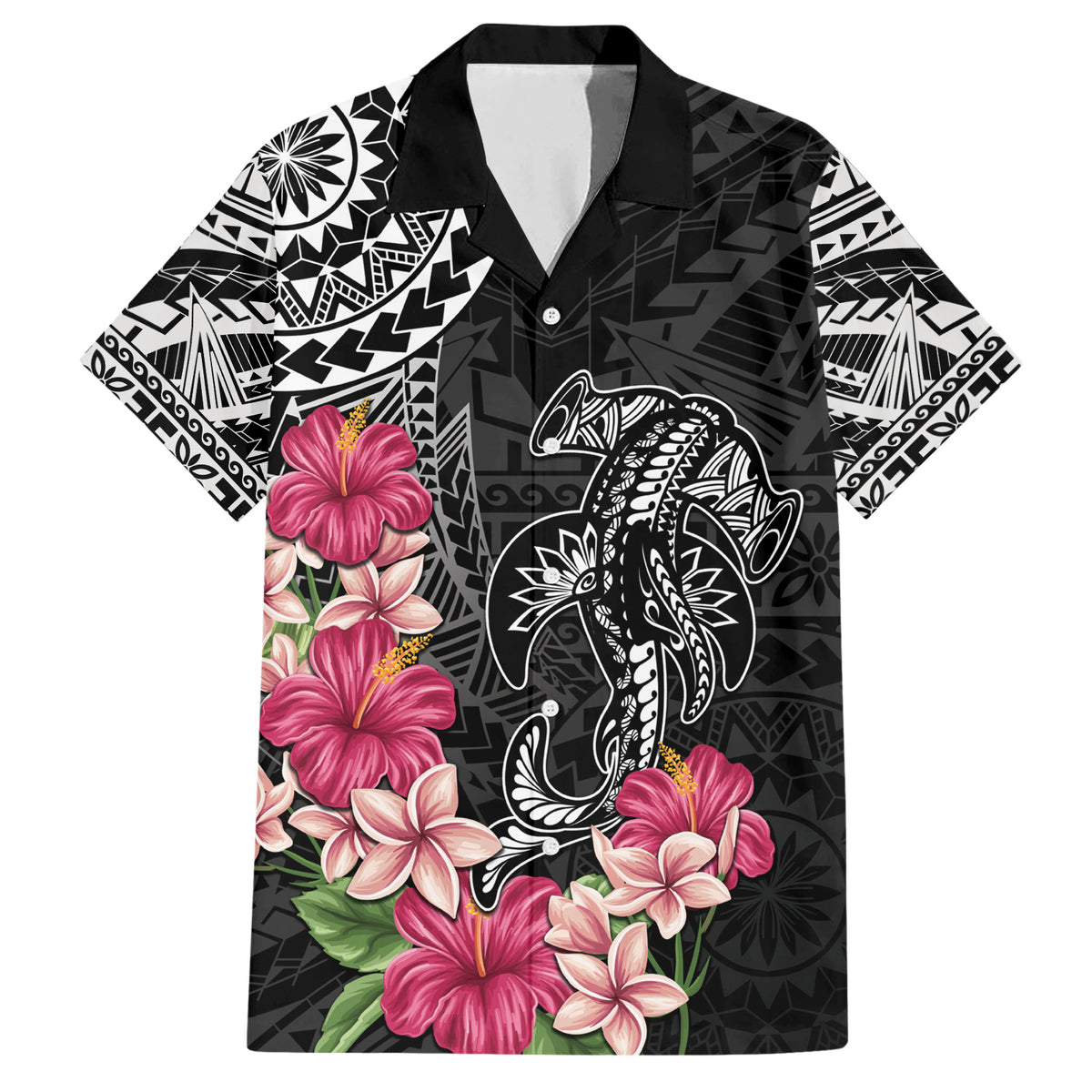 Black Polynesian Hammerhead Shark Tribal Pattern Family Matching Short Sleeve Bodycon Dress and Hawaiian Shirt LT05 Dad's Shirt - Short Sleeve Black - Polynesian Pride