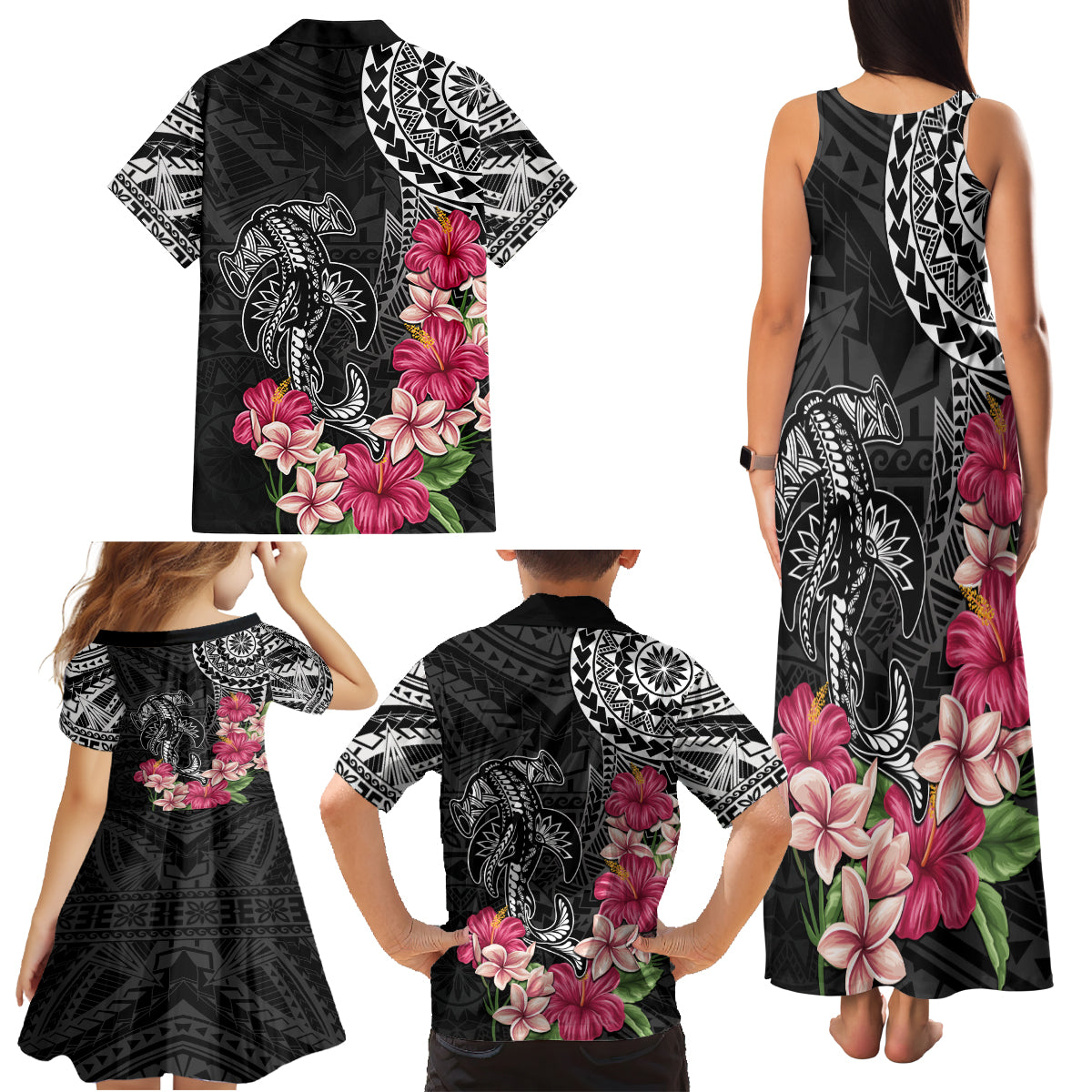 Black Polynesian Hammerhead Shark Tribal Pattern Family Matching Tank Maxi Dress and Hawaiian Shirt LT05 - Polynesian Pride