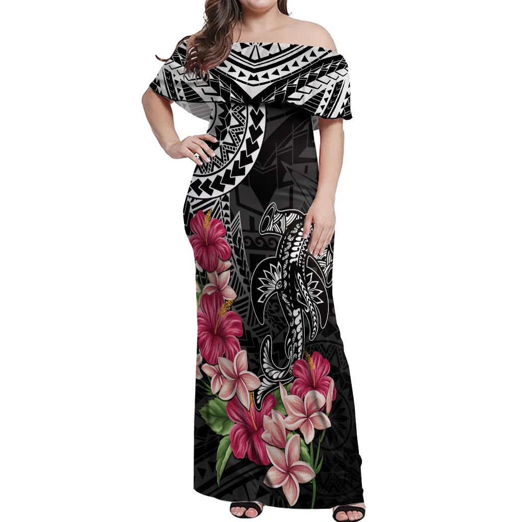 Black Polynesian Hammerhead Shark Tribal Pattern Off Shoulder Maxi Dress