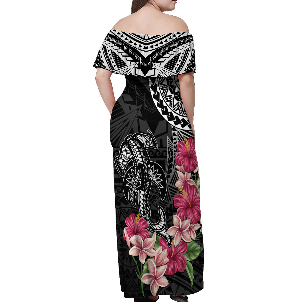 Black Polynesian Hammerhead Shark Tribal Pattern Off Shoulder Maxi Dress