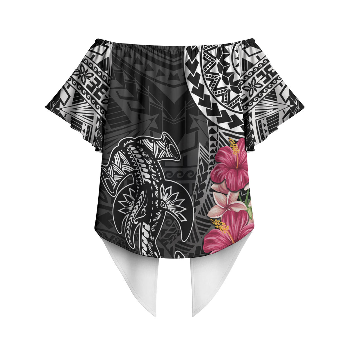 Black Polynesian Hammerhead Shark Tribal Pattern Off Shoulder Wrap Waist Top LT05 - Polynesian Pride