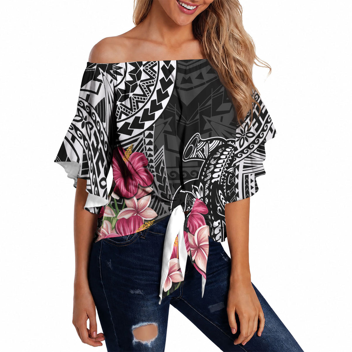 Black Polynesian Hammerhead Shark Tribal Pattern Off Shoulder Wrap Waist Top LT05 - Polynesian Pride