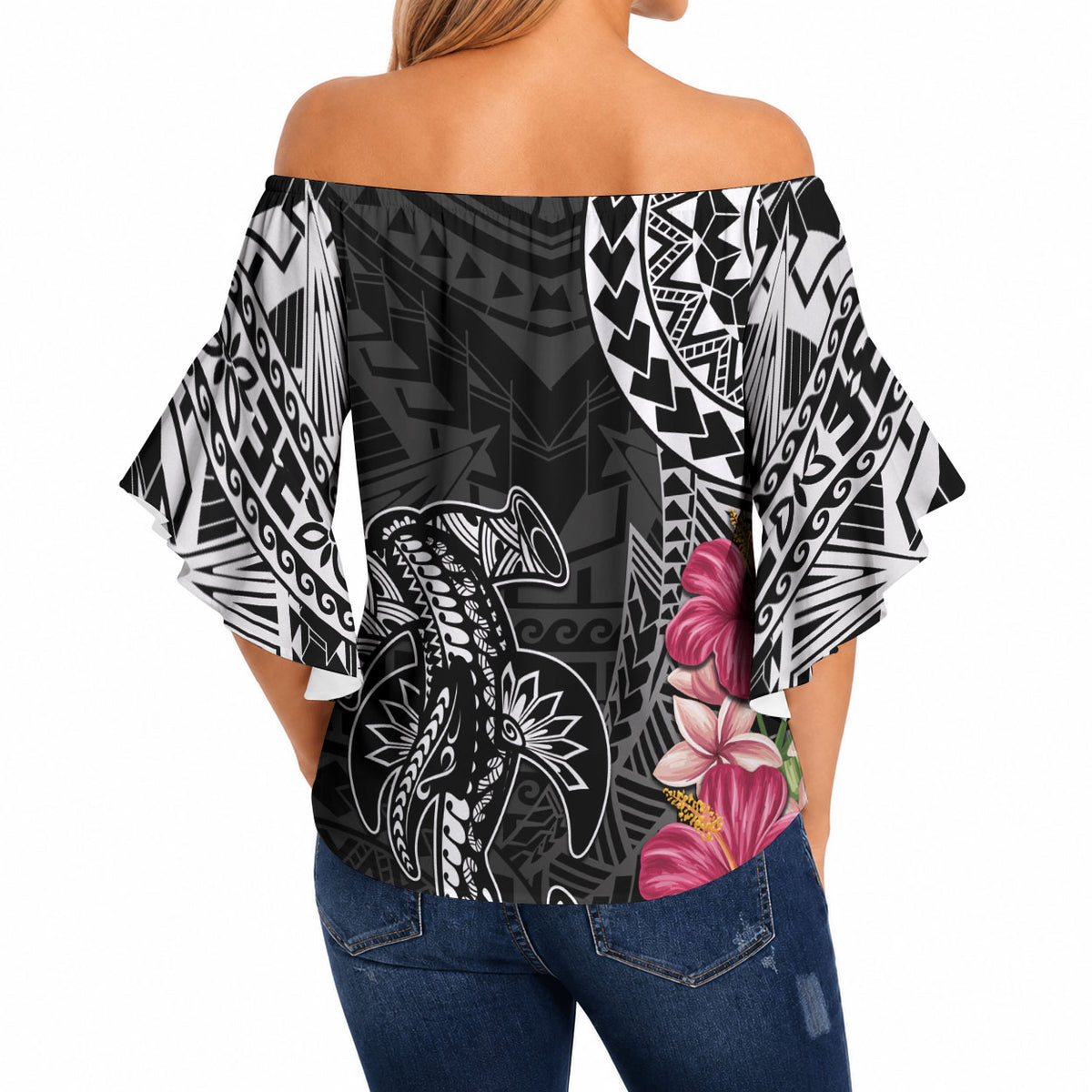 Black Polynesian Hammerhead Shark Tribal Pattern Off Shoulder Wrap Waist Top LT05 - Polynesian Pride