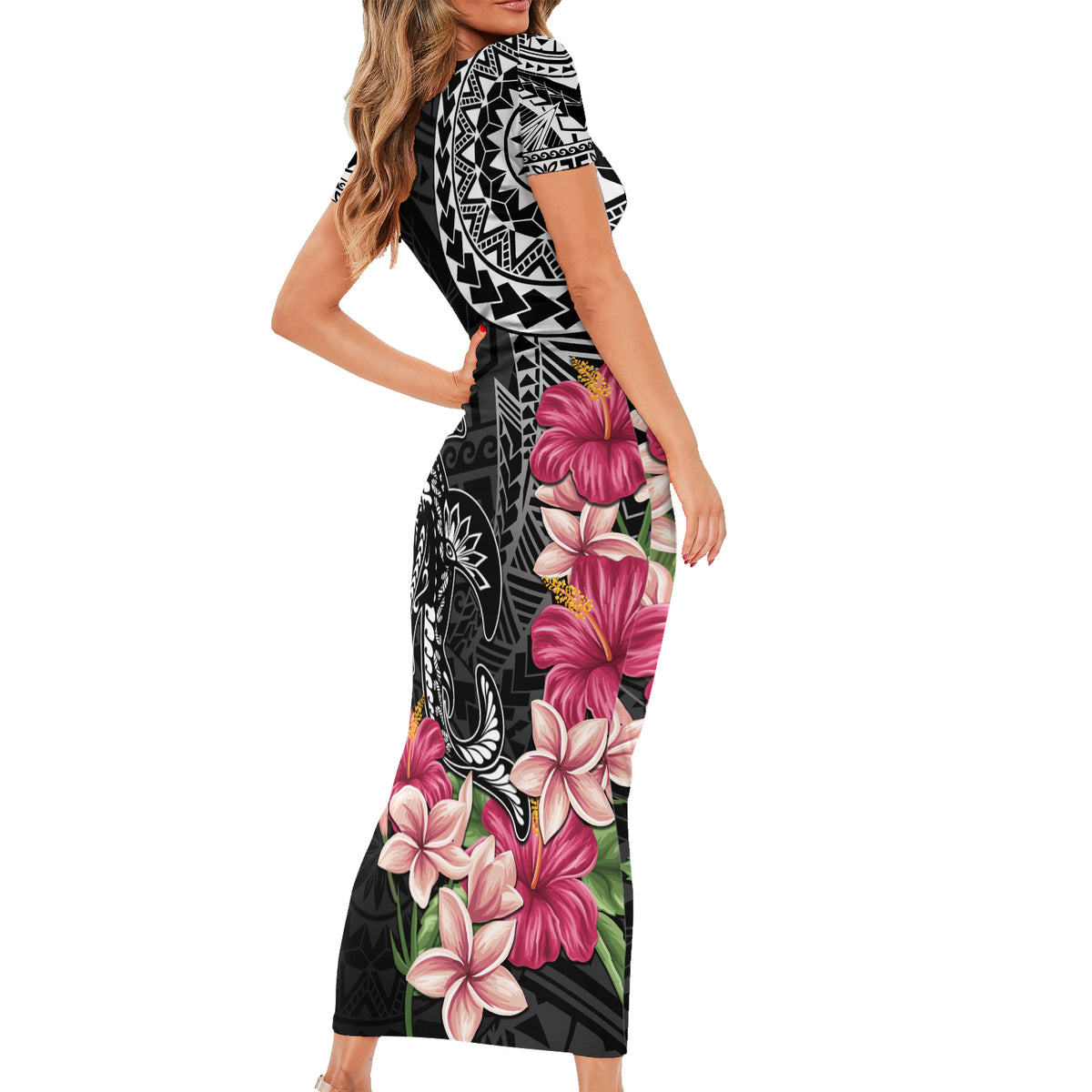 Black Polynesian Hammerhead Shark Tribal Pattern Short Sleeve Bodycon Dress LT05 - Polynesian Pride