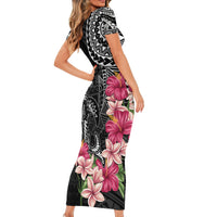 Black Polynesian Hammerhead Shark Tribal Pattern Short Sleeve Bodycon Dress LT05 - Polynesian Pride