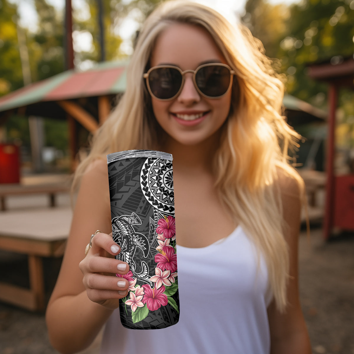 Black Polynesian Hammerhead Shark Tribal Pattern Skinny Tumbler LT05 - Polynesian Pride