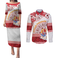 French Polynesia Internal Autonomy Day Couples Matching Puletasi and Long Sleeve Button Shirt Tropical Hibiscus And Turtle Pattern LT05 Red - Polynesian Pride