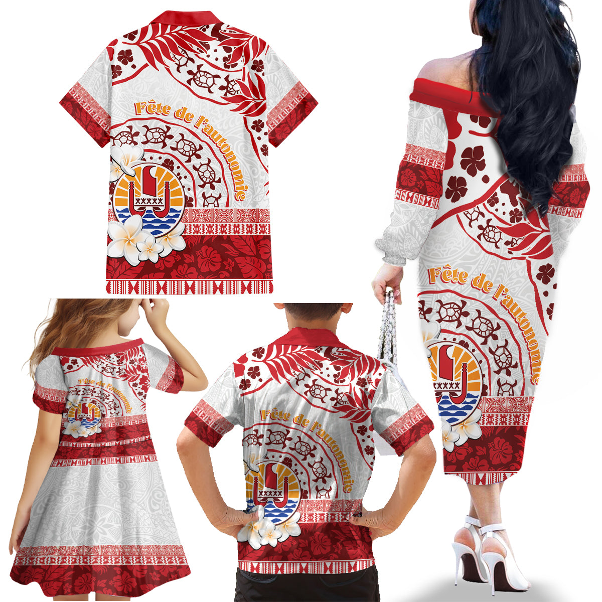 French Polynesia Internal Autonomy Day Family Matching Off The Shoulder Long Sleeve Dress and Hawaiian Shirt Tropical Hibiscus And Turtle Pattern LT05 - Polynesian Pride
