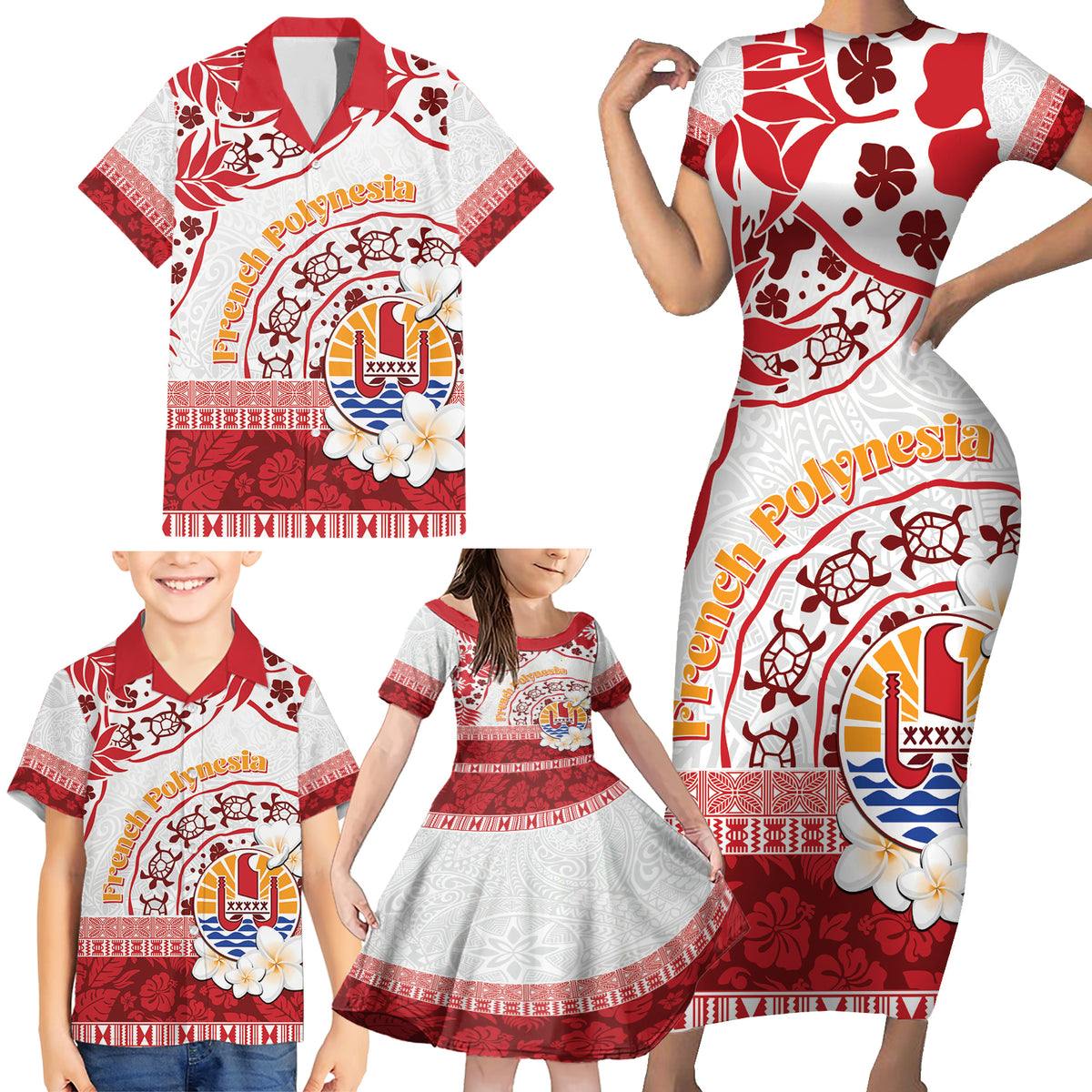 French Polynesia Internal Autonomy Day Family Matching Short Sleeve Bodycon Dress and Hawaiian Shirt Tropical Hibiscus And Turtle Pattern LT05 - Polynesian Pride