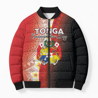 Personalised Tonga Emancipation Day Bomber Puffer Jacket Tongan Ngatu Pattern With Plumeria