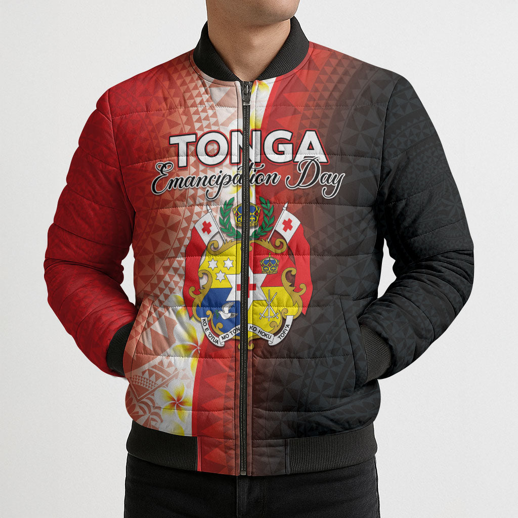 Personalised Tonga Emancipation Day Bomber Puffer Jacket Tongan Ngatu Pattern With Plumeria