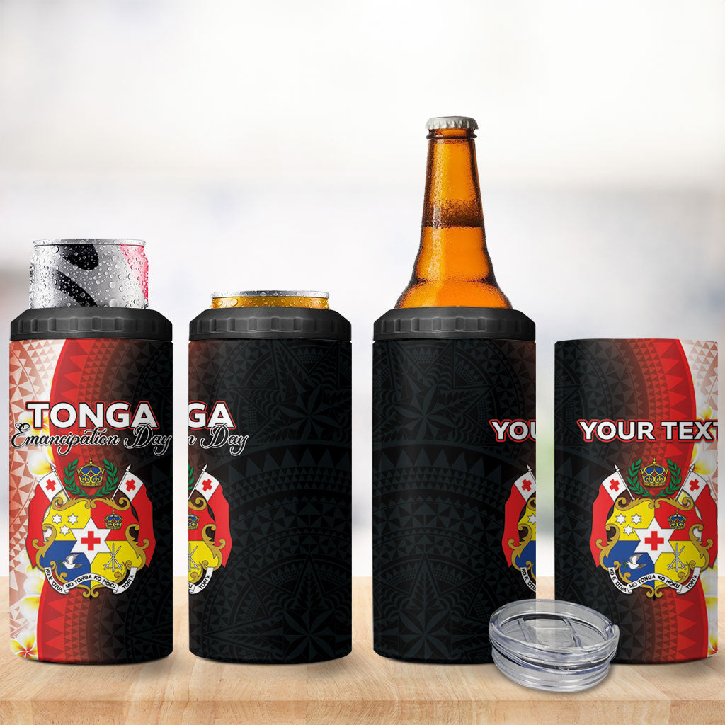Personalised Tonga Emancipation Day 4 in 1 Can Cooler Tumbler Tongan Ngatu Pattern With Plumeria