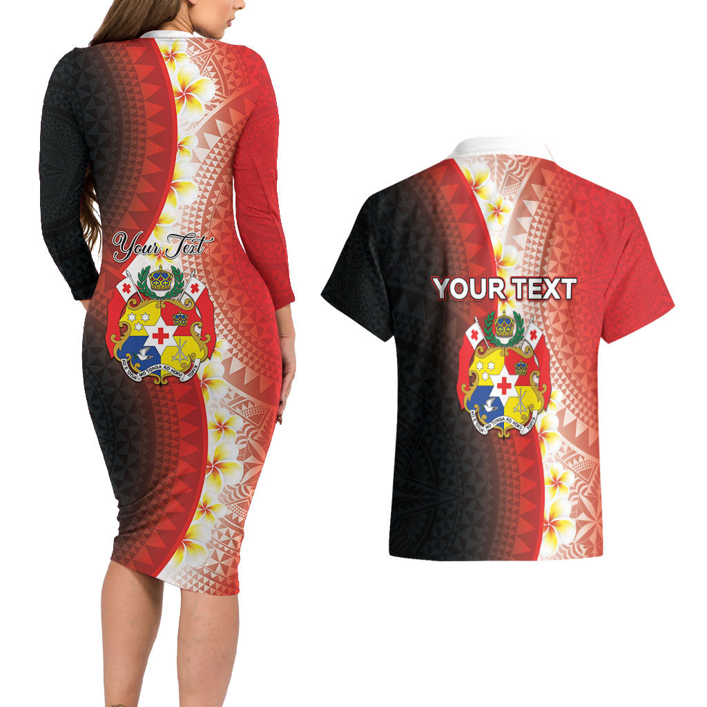 Personalised Tonga Emancipation Day Couples Matching Long Sleeve Bodycon Dress and Hawaiian Shirt Tongan Ngatu Pattern With Plumeria LT05 - Polynesian Pride