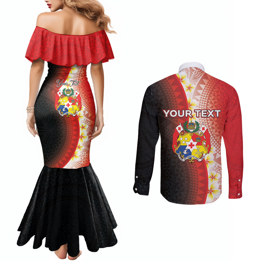 Personalised Tonga Emancipation Day Couples Matching Mermaid Dress and Long Sleeve Button Shirt Tongan Ngatu Pattern With Plumeria