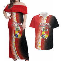 Personalised Tonga Emancipation Day Couples Matching Off Shoulder Maxi Dress and Hawaiian Shirt Tongan Ngatu Pattern With Plumeria LT05 Red - Polynesian Pride