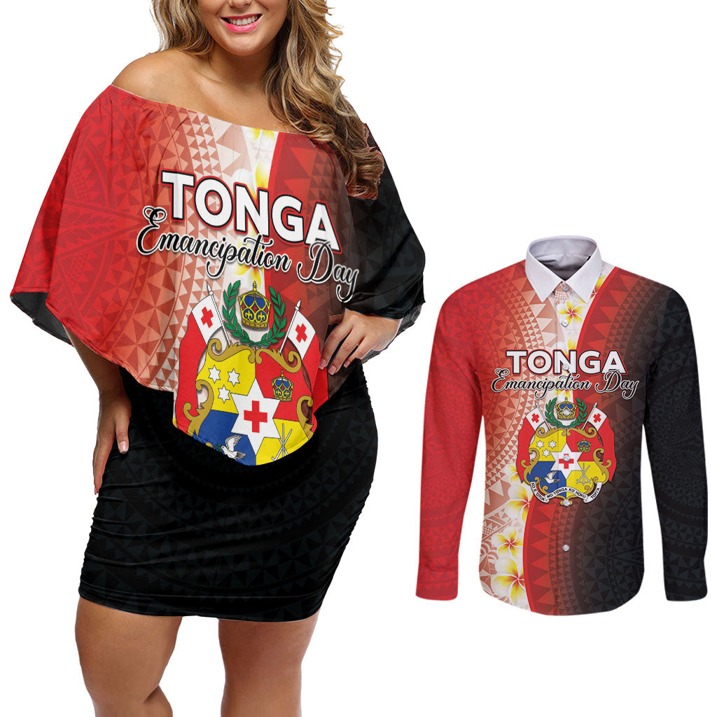 Personalised Tonga Emancipation Day Couples Matching Off Shoulder Short Dress and Long Sleeve Button Shirt Tongan Ngatu Pattern With Plumeria