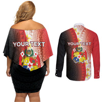 Personalised Tonga Emancipation Day Couples Matching Off Shoulder Short Dress and Long Sleeve Button Shirt Tongan Ngatu Pattern With Plumeria