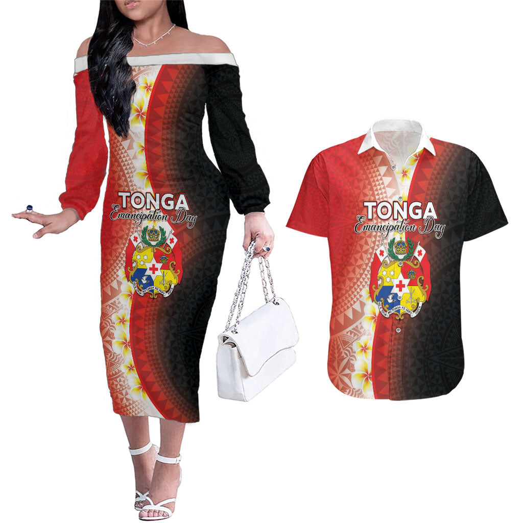 Personalised Tonga Emancipation Day Couples Matching Off The Shoulder Long Sleeve Dress and Hawaiian Shirt Tongan Ngatu Pattern With Plumeria LT05 Red - Polynesian Pride