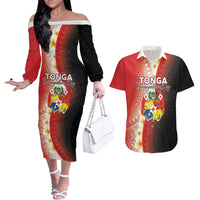 Personalised Tonga Emancipation Day Couples Matching Off The Shoulder Long Sleeve Dress and Hawaiian Shirt Tongan Ngatu Pattern With Plumeria LT05 Red - Polynesian Pride