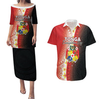 Personalised Tonga Emancipation Day Couples Matching Puletasi and Hawaiian Shirt Tongan Ngatu Pattern With Plumeria