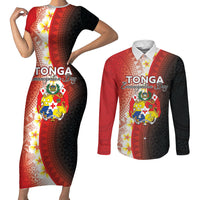 Personalised Tonga Emancipation Day Couples Matching Short Sleeve Bodycon Dress and Long Sleeve Button Shirt Tongan Ngatu Pattern With Plumeria LT05 Red - Polynesian Pride