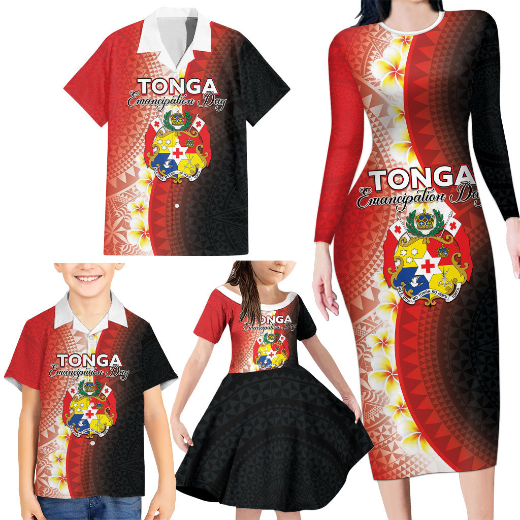 Personalised Tonga Emancipation Day Family Matching Long Sleeve Bodycon Dress and Hawaiian Shirt Tongan Ngatu Pattern With Plumeria