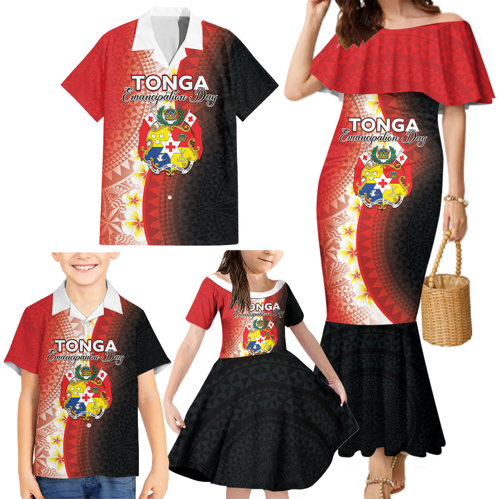Personalised Tonga Emancipation Day Family Matching Mermaid Dress and Hawaiian Shirt Tongan Ngatu Pattern With Plumeria