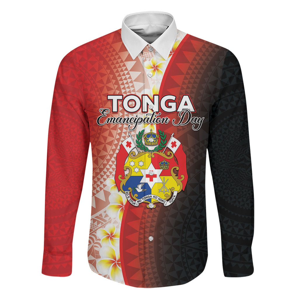 Personalised Tonga Emancipation Day Family Matching Mermaid Dress and Hawaiian Shirt Tongan Ngatu Pattern With Plumeria LT05 Dad's Shirt - Long Sleeve Red - Polynesian Pride