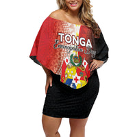 Personalised Tonga Emancipation Day Family Matching Off Shoulder Short Dress and Hawaiian Shirt Tongan Ngatu Pattern With Plumeria LT05 Mom's Dress Red - Polynesian Pride