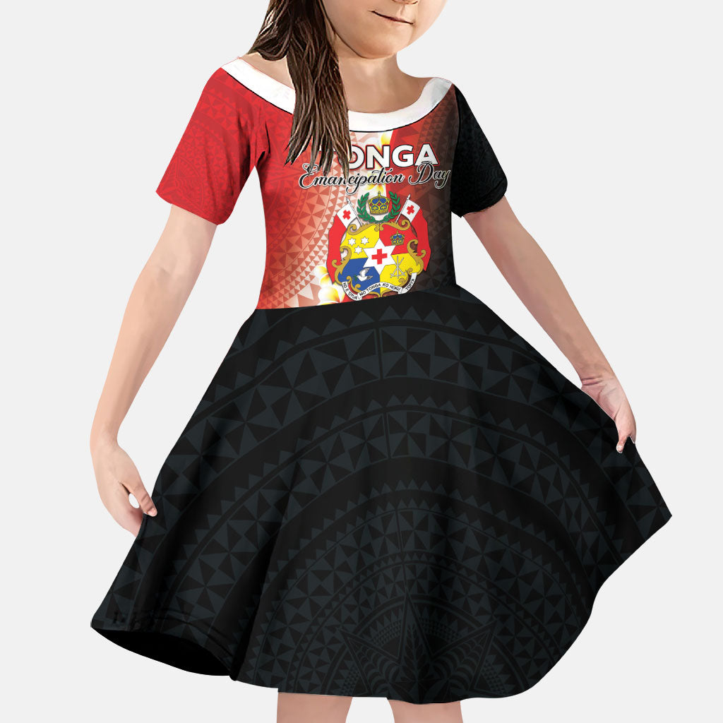 Personalised Tonga Emancipation Day Family Matching Puletasi and Hawaiian Shirt Tongan Ngatu Pattern With Plumeria LT05 Daughter's Dress Red - Polynesian Pride