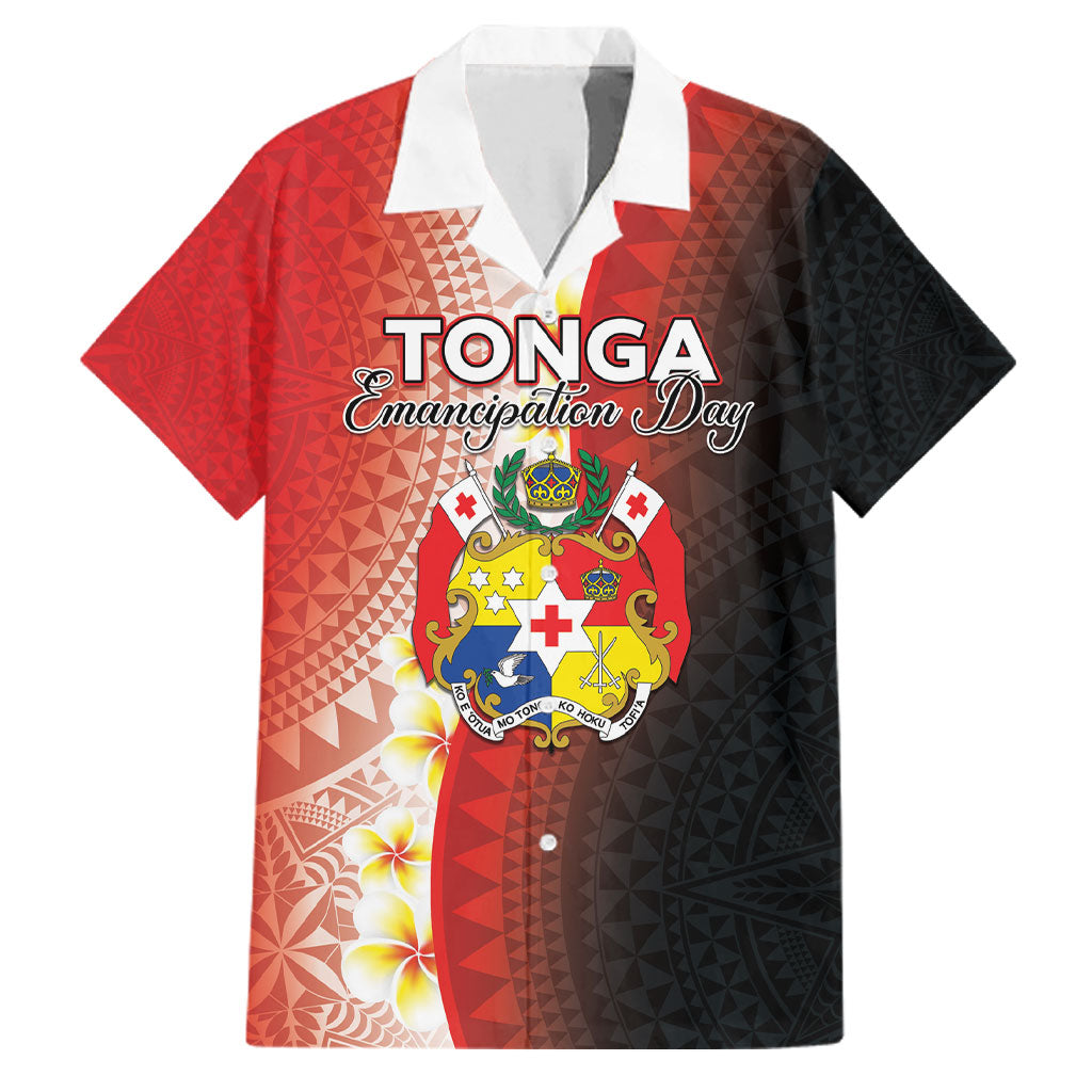 Personalised Tonga Emancipation Day Family Matching Summer Maxi Dress and Hawaiian Shirt Tongan Ngatu Pattern With Plumeria LT05 Dad's Shirt - Short Sleeve Red - Polynesian Pride