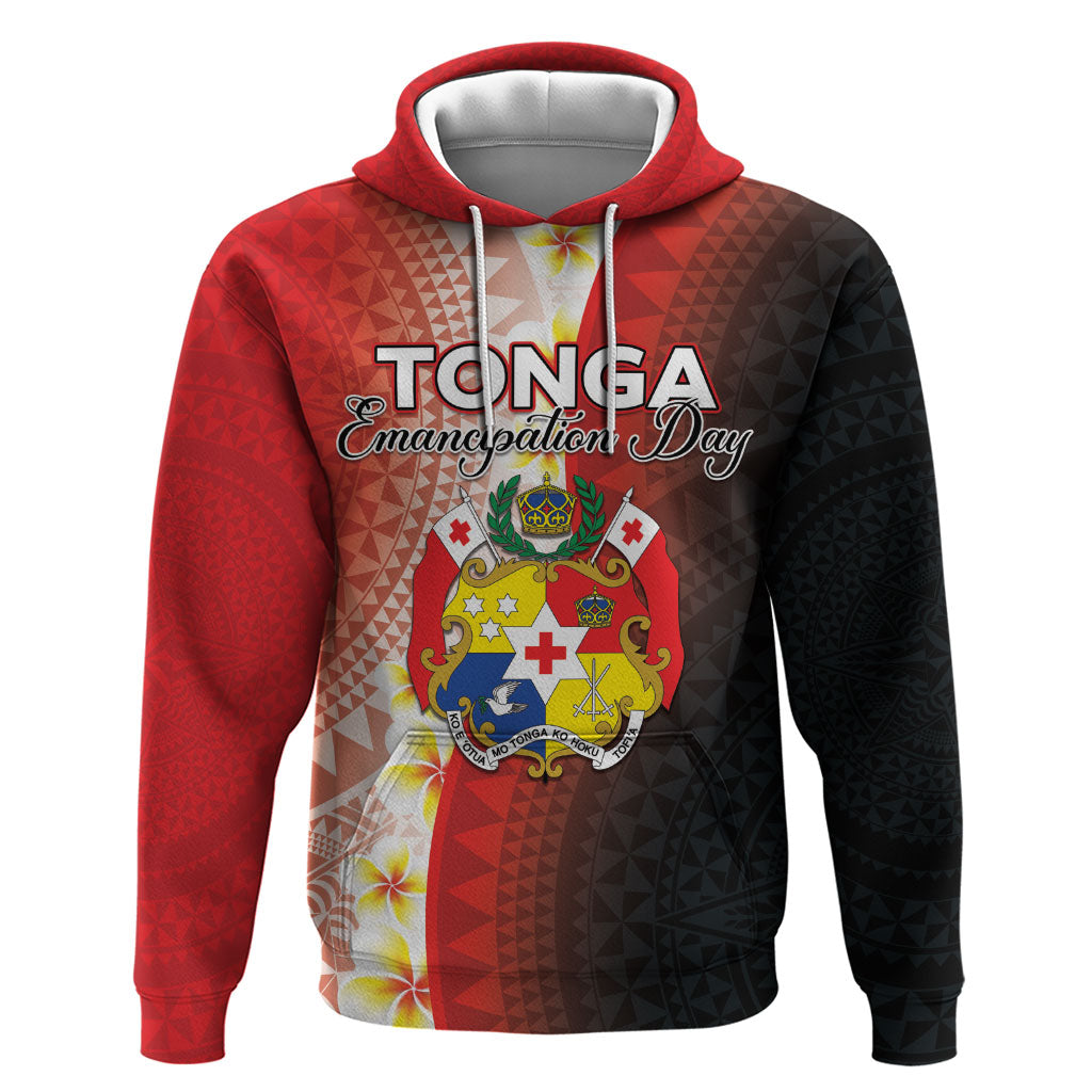 Personalised Tonga Emancipation Day Hoodie Tongan Ngatu Pattern With Plumeria LT05 Pullover Hoodie Red - Polynesian Pride