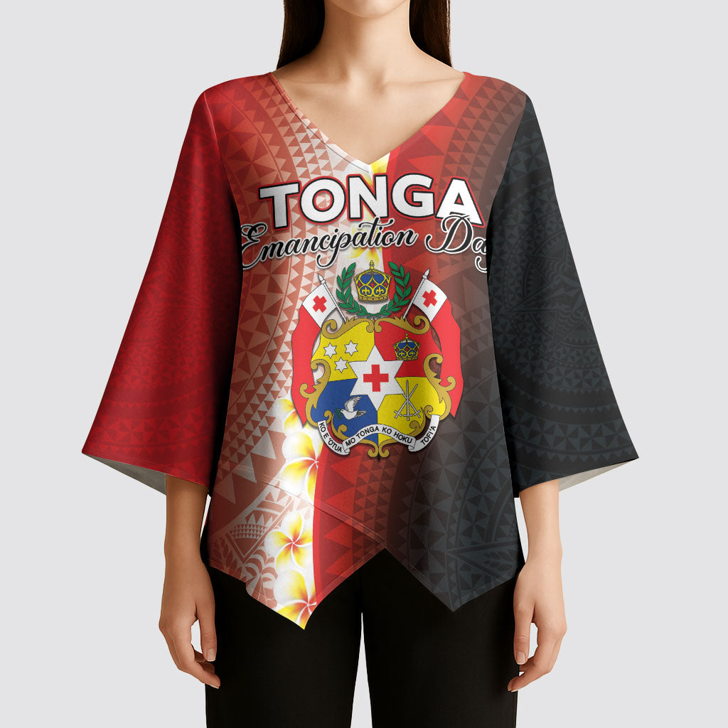 Personalised Tonga Emancipation Day Kimono Sleeve Blouse Tongan Ngatu Pattern With Plumeria