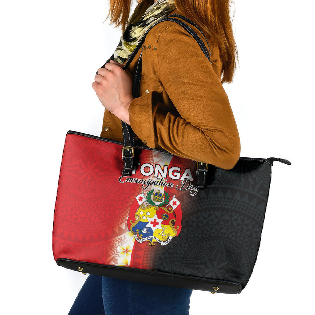 Tonga Emancipation Day Leather Tote Bag Tongan Ngatu Pattern With Plumeria LT05 Red - Polynesian Pride