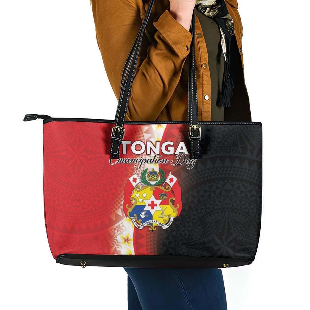 Tonga Emancipation Day Leather Tote Bag Tongan Ngatu Pattern With Plumeria LT05 - Polynesian Pride