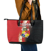 Tonga Emancipation Day Leather Tote Bag Tongan Ngatu Pattern With Plumeria LT05 - Polynesian Pride