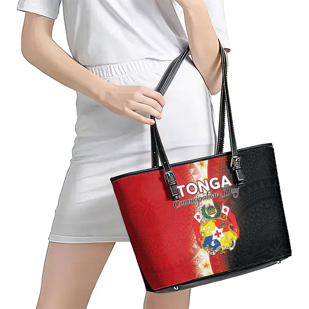 Tonga Emancipation Day Leather Tote Bag Tongan Ngatu Pattern With Plumeria LT05 - Polynesian Pride
