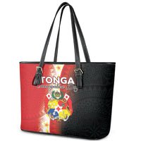 Tonga Emancipation Day Leather Tote Bag Tongan Ngatu Pattern With Plumeria LT05 - Polynesian Pride