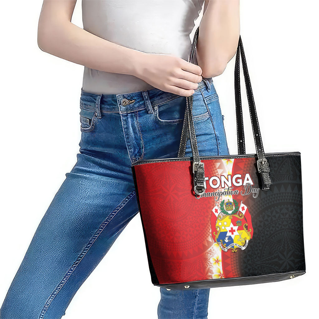 Tonga Emancipation Day Leather Tote Bag Tongan Ngatu Pattern With Plumeria LT05 - Polynesian Pride