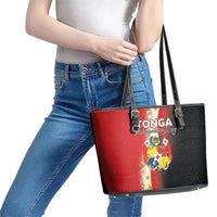 Tonga Emancipation Day Leather Tote Bag Tongan Ngatu Pattern With Plumeria LT05 - Polynesian Pride