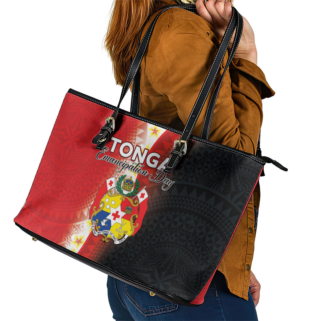 Tonga Emancipation Day Leather Tote Bag Tongan Ngatu Pattern With Plumeria LT05 - Polynesian Pride