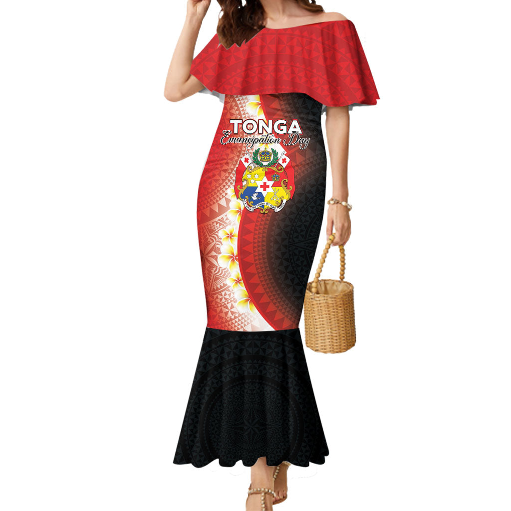 Personalised Tonga Emancipation Day Mermaid Dress Tongan Ngatu Pattern With Plumeria LT05 Women Red - Polynesian Pride