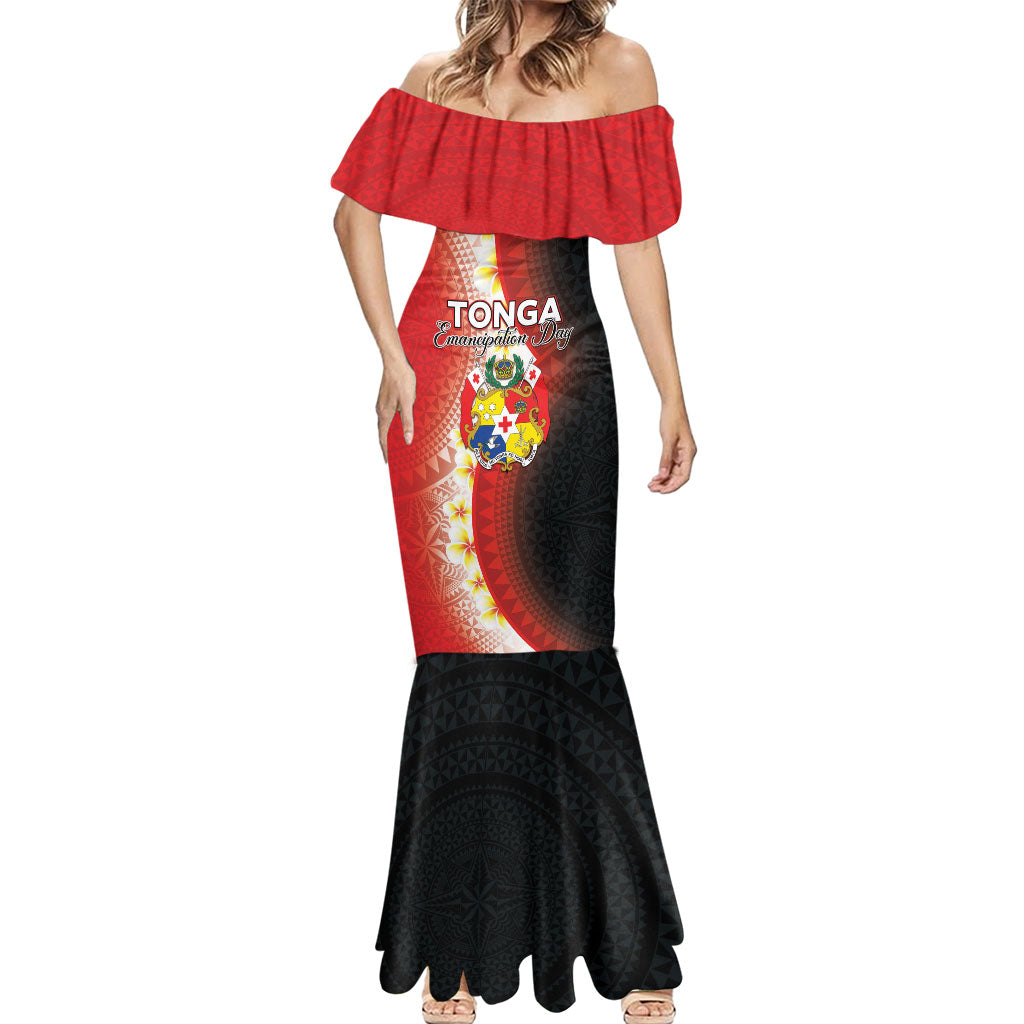 Personalised Tonga Emancipation Day Mermaid Dress Tongan Ngatu Pattern With Plumeria LT05 - Polynesian Pride