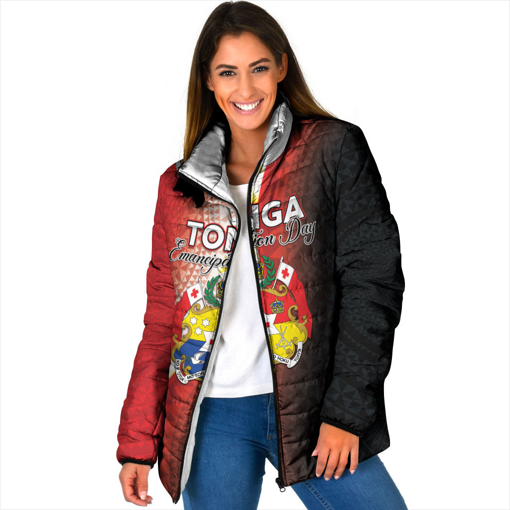 Personalised Tonga Emancipation Day Padded Jacket Tongan Ngatu Pattern With Plumeria