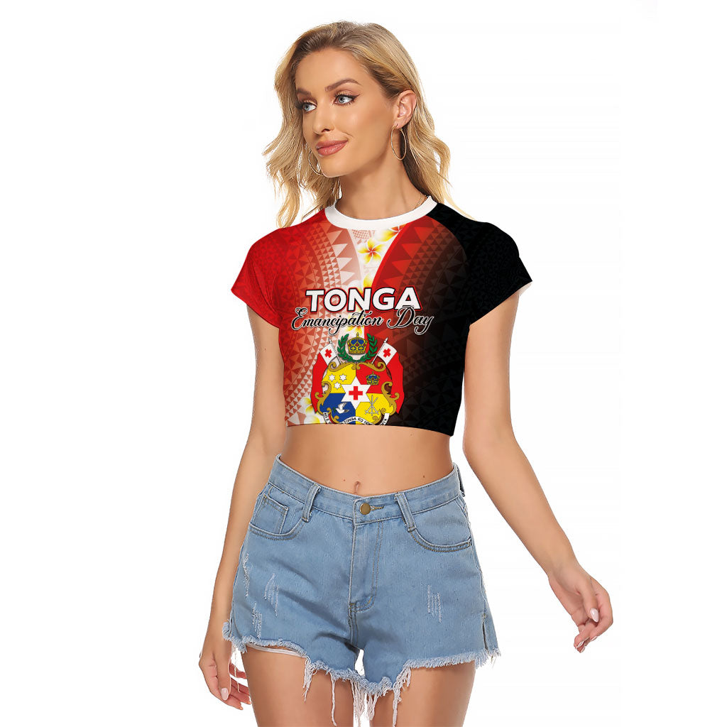 Personalised Tonga Emancipation Day Raglan Cropped T Shirt Tongan Ngatu Pattern With Plumeria