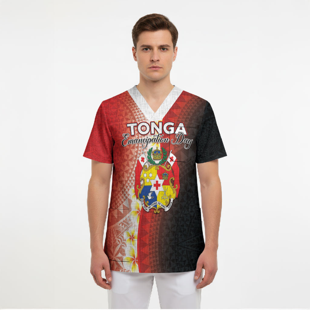 Personalised Tonga Emancipation Day Scrub Top Tongan Ngatu Pattern With Plumeria